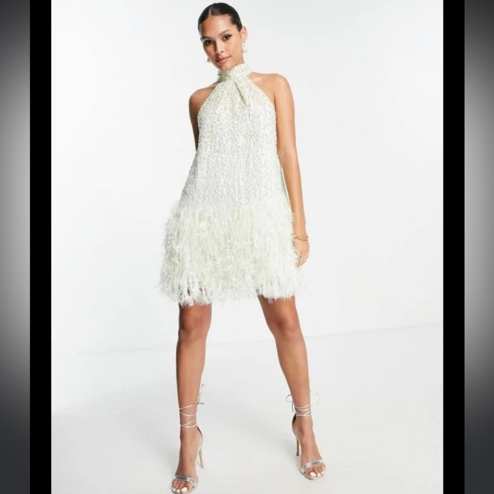 ASOS EDITION sequin halter mini dress with faux feather hem